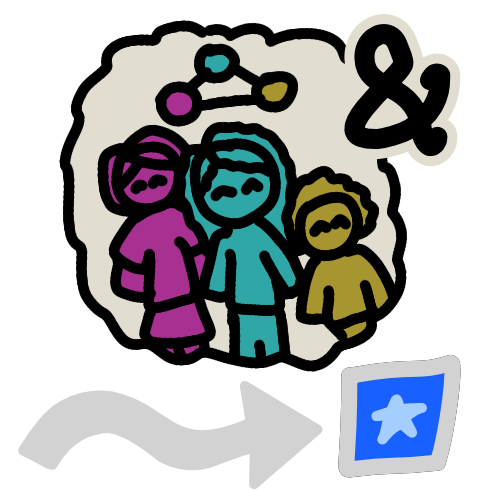Inside a cloud or thought bubble are three people, each colored entirely magenta, cyan, and yellow respectively. They stand in a row, happily. Above the people are three dots, connected by black lines to form a triangle. One of the dots is magenta, another cyan, and the last yellow. To the top right of the cloud is a black plural and sign. This is all echoed with white. Below the cloud is a wavy light grey arrow pointing to a blue square with a star inside it.